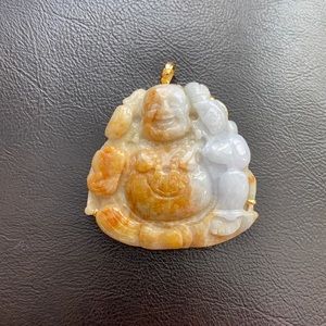 14k Real Gold Happy Laughing Buddha White Yellow Jade Men Large Heavy Pendant